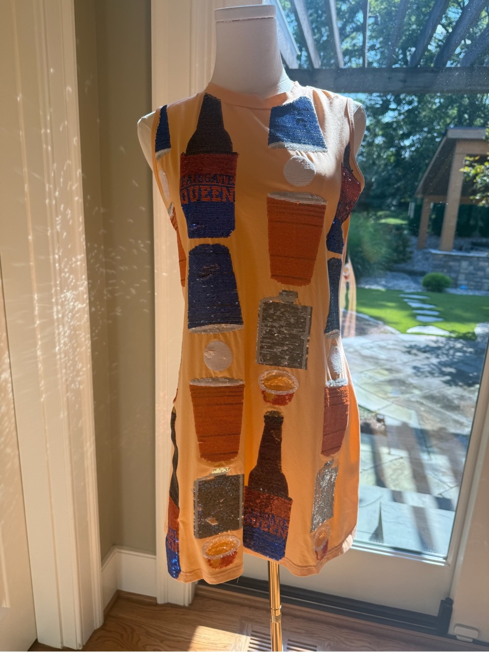 QUEEN OF SPARKLES Orange Shift Dress with Blue and Silver Sequin Motifs GATORS 🐊